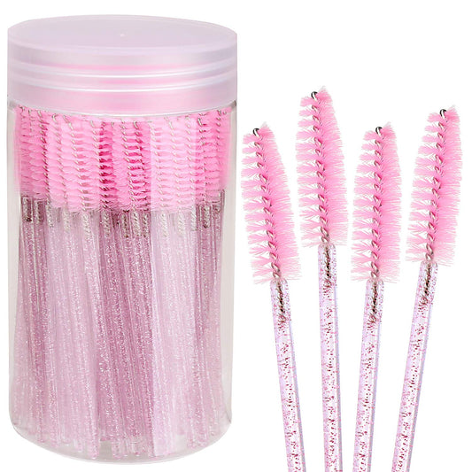 100Pcs Disposable Mascara Brushes with Container, Mascara Wands Makeup Brushes Applicators Kits for Eyelash Extensions and Eyebrow Brush (Crystal Pink)