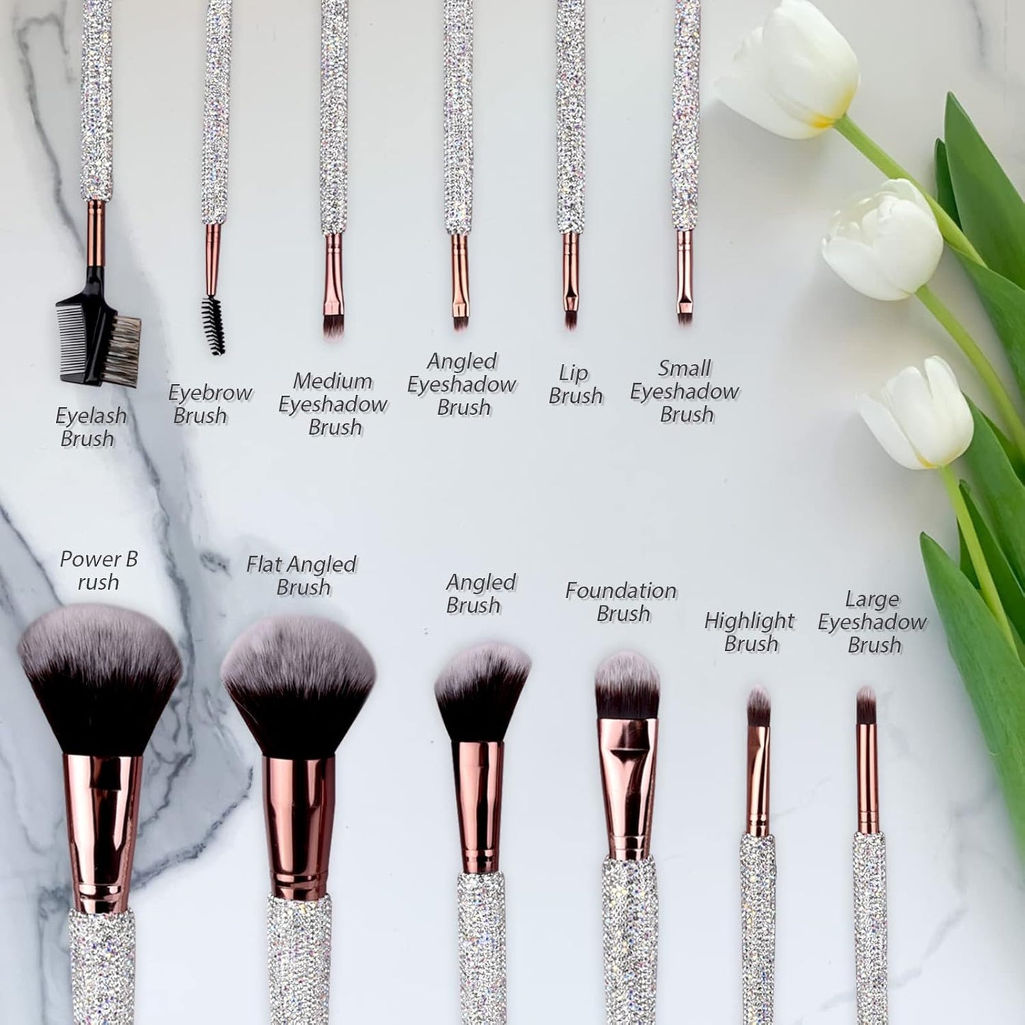 Makeup Brushes Bling Crystal Professional Face Cosmetics Blending Liquid Foundation Powder Concealer Eye Shadows Make up Beauty Tool Glitter with Pouch Bag Kit Purely Handmade (12PCS) (White)