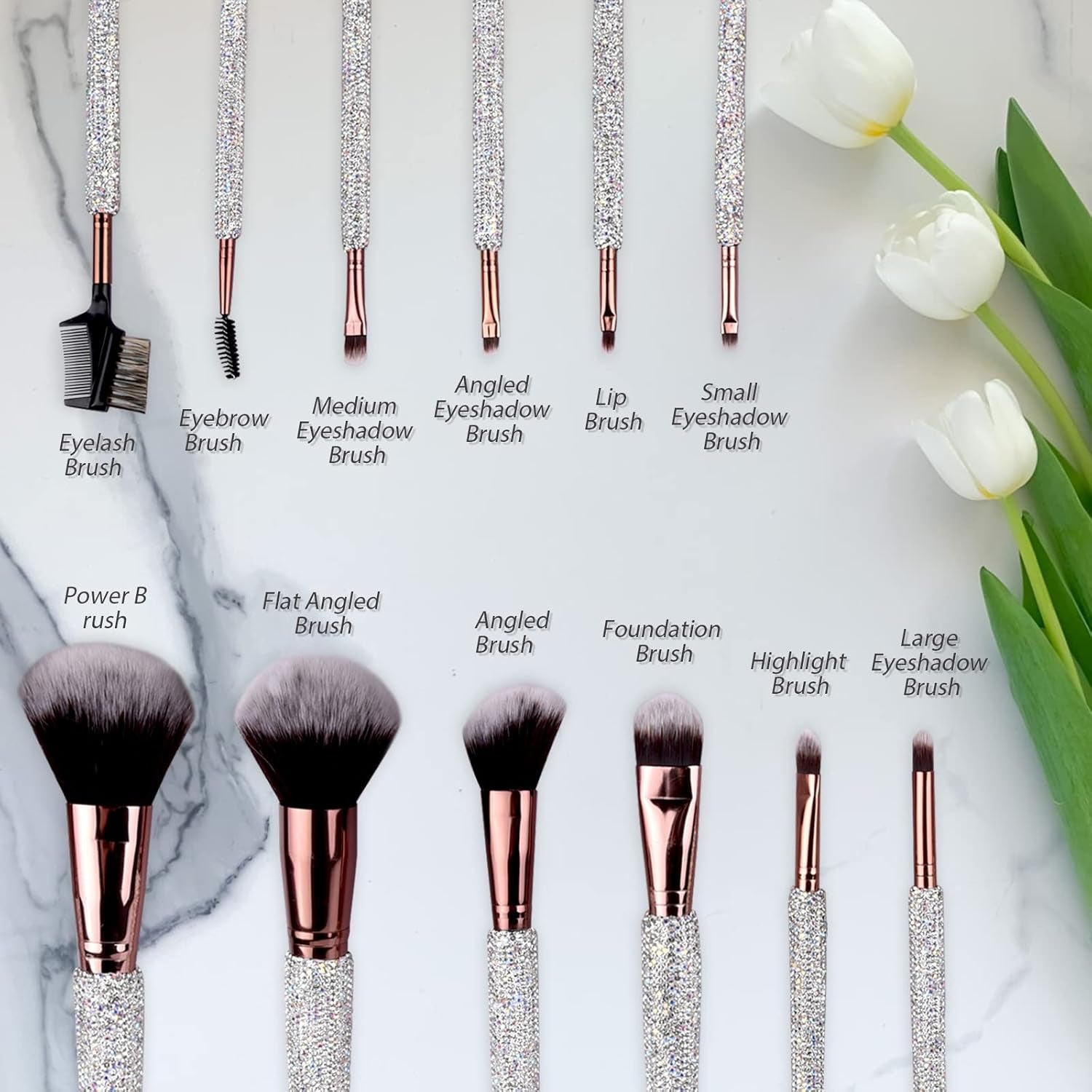 Makeup Brushes Bling Crystal Professional Face Cosmetics Blending Liquid Foundation Powder Concealer Eye Shadows Make up Beauty Tool Glitter with Pouch Bag Kit Purely Handmade (12PCS) (White)