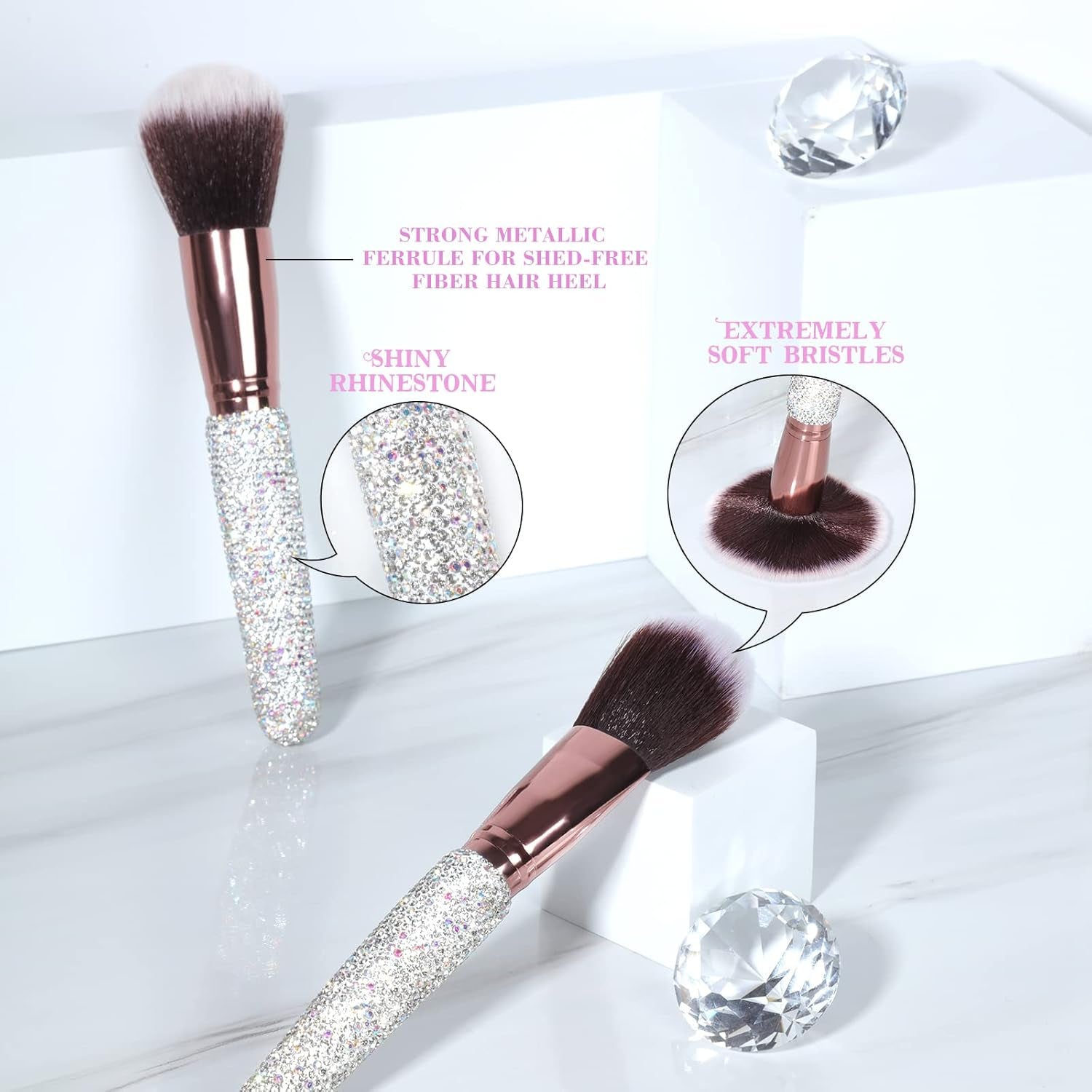 Makeup Brushes Bling Crystal Professional Face Cosmetics Blending Liquid Foundation Powder Concealer Eye Shadows Make up Beauty Tool Glitter with Pouch Bag Kit Purely Handmade (12PCS) (White)
