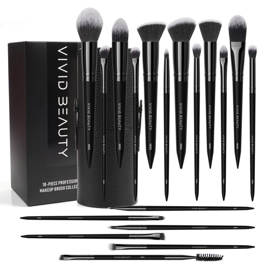 18Pcs Makeup Brush Set with Case Dense Synthetic Fiber Premium Metal Ferrule Wood Handle Brushes Includes Powder Foundation Blush Eyeshadow Kit Professional Make up Tools for Women(Black)