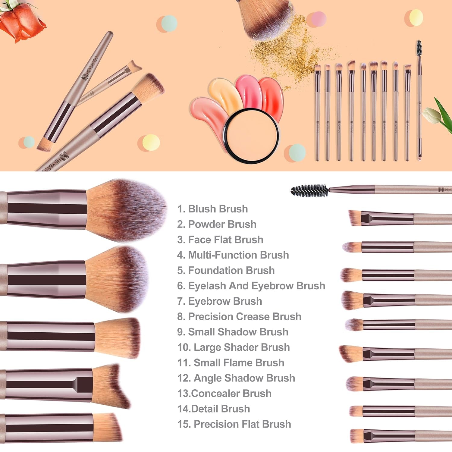 Makeup Brushes 15PCS Champagne Gold Professional Makeup Brush Set Foundation Brush Blending Powder Blush Concealer Eye Make up Brush with Bag